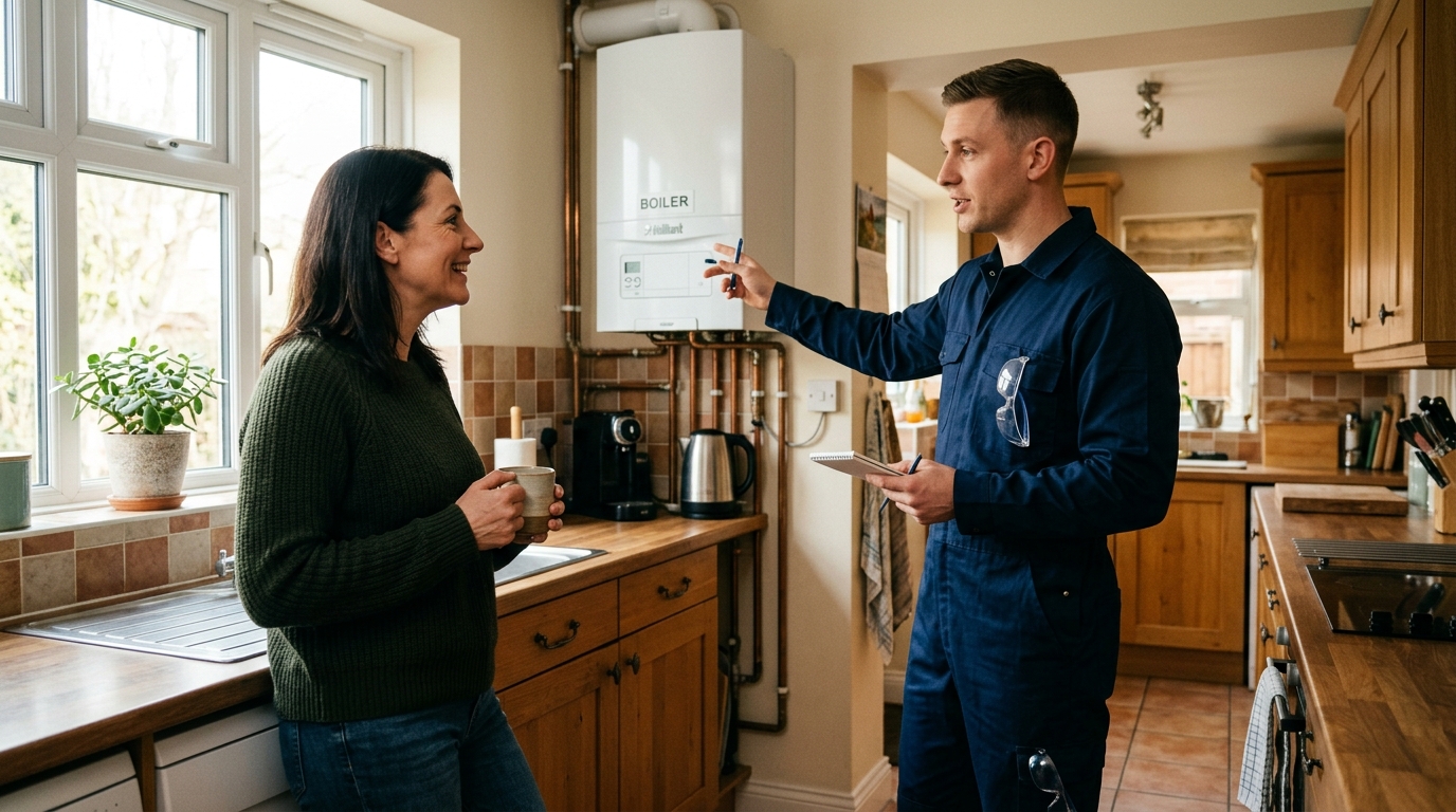 A gas engineer talking to a homeowner