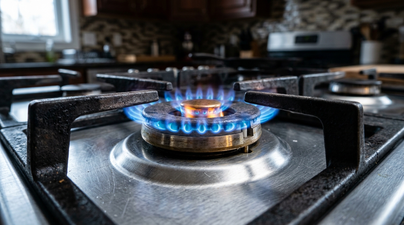 Close up photo of a gas hob