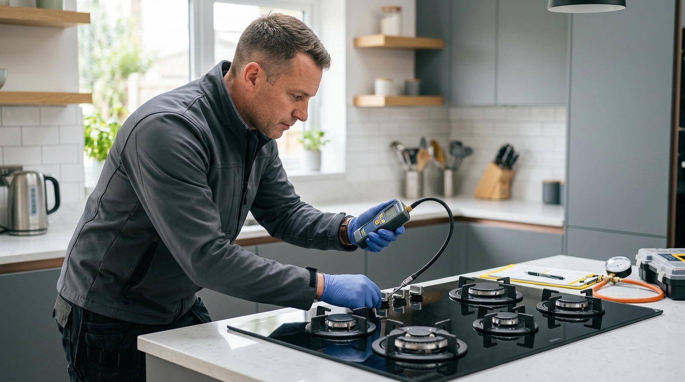 A gas engineer detecting gas leak on the kitchen