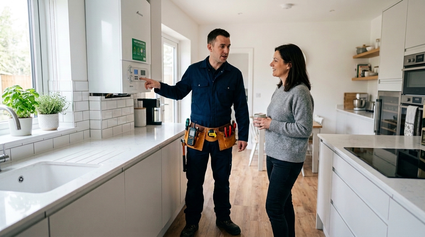 A gas engineer talking to a homeowner in the kitchen