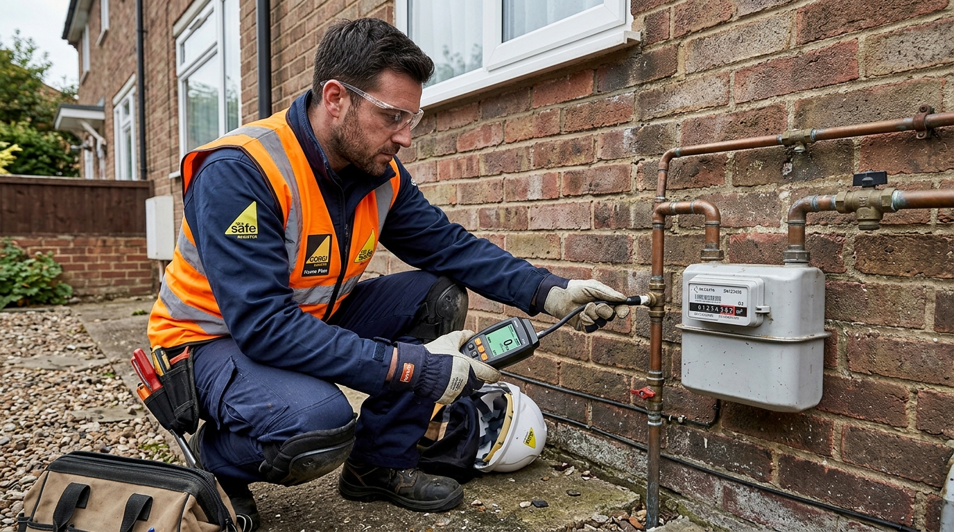 Gas engineer performing gas detection outside