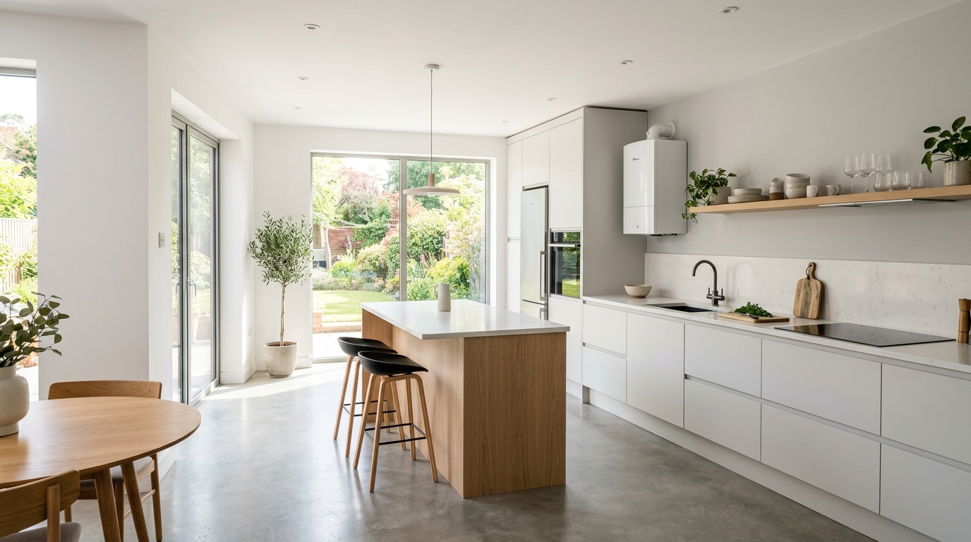 A kitchen with white boiler on the wall