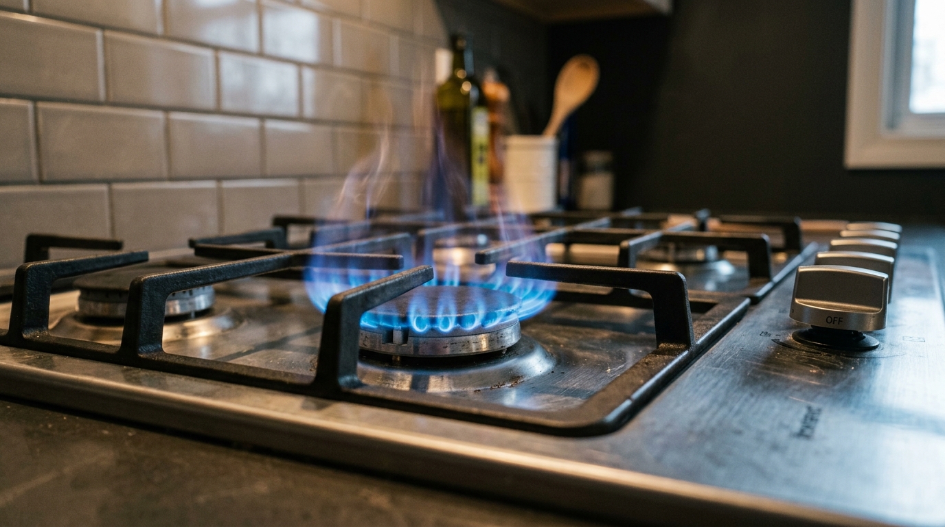 A gas stove with blue flames