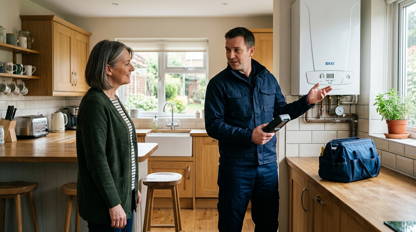 A homeowner talking to a gas engineer